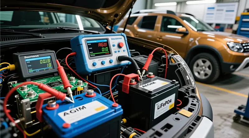 AGM ir LiFePO4 akumuliatorių vidinės varžos palyginimas naudojant profesionalų testerį Dacia Duster papildomoje maitinimo sistemoje