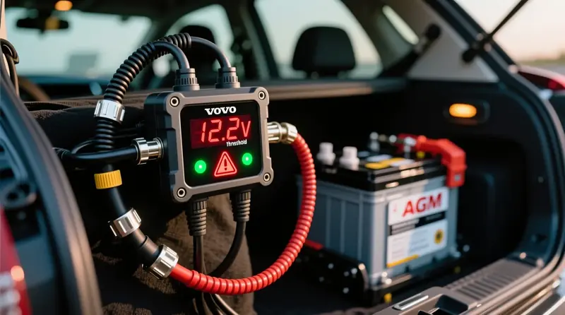 Akumuliatoriaus išsikrovimo apsaugos kontroleris su skaitmeninių voltažo riba sumontuotas Volvo XC90, rodantis realaus laiko įtampos stebėjimą ir automatinę apkrovos atjungimo funkciją