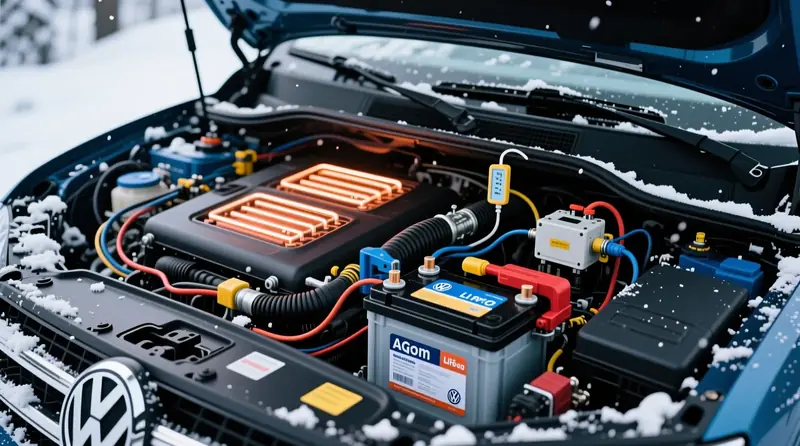 Dual battery šildymo sistema su AGM ir LiFePO4 akumuliatoriais Volkswagen Amarok automobilyje žiemos sąlygomis su temperatūros jutikliais