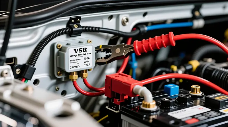 Akumuliatoriaus izoliatorius su VSR rele Volvo - tinkamas laidų prijungimas ir saugiklių schema 12V sistemoje
