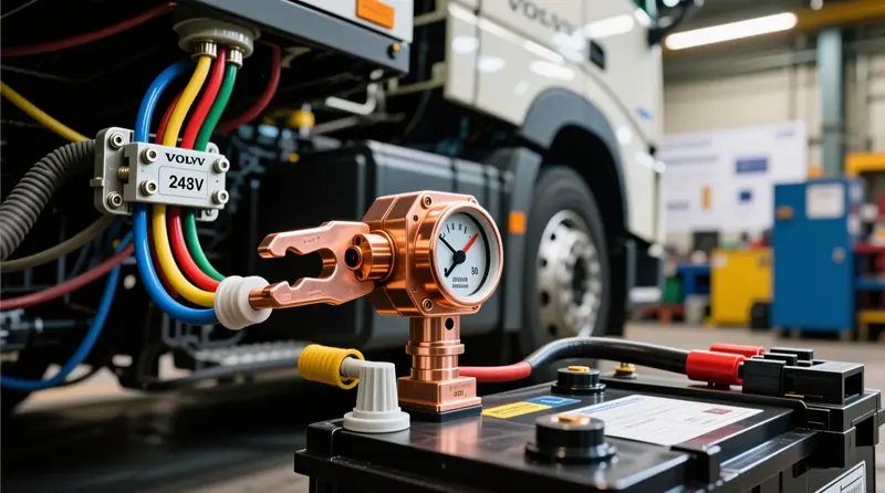 Profesionalus ampermetro šunto pajungimas prie Volvo sunkvežimio 24V elektros sistemos su tinkamais laidų jungtimis ir įžeminimu