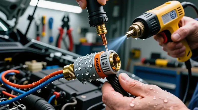 Automobilių elektros jungčių hermetizavimas termošiaurėjančiais vamzdeliais Volkswagen transporto priemonėje - IP67 apsauga nuo drėgmės