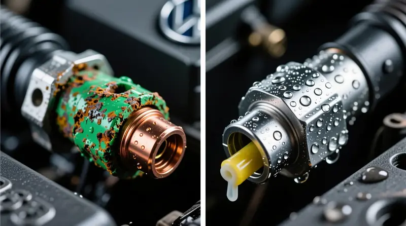 Galvaninės korozijos prevencija automobilių elektros jungtyse – palyginimas tarp koroduotos ir apsaugotos aliuminio-vario jungties su dielektriniais tepalais