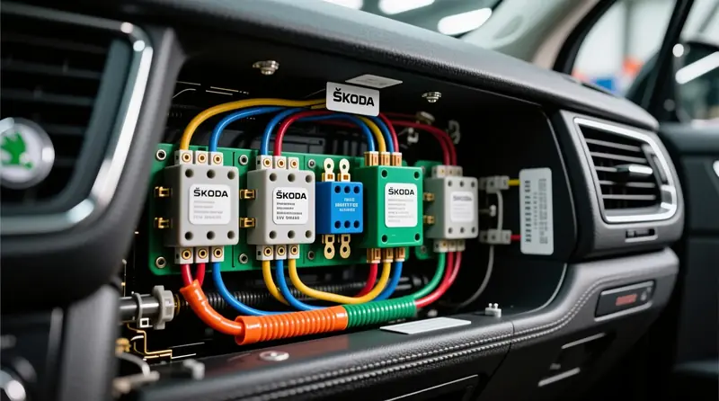 Profesionaliai sumontuotas elektros skirstymo skydas su saugikliais ir relėmis Škoda Kodiaq automobilyje