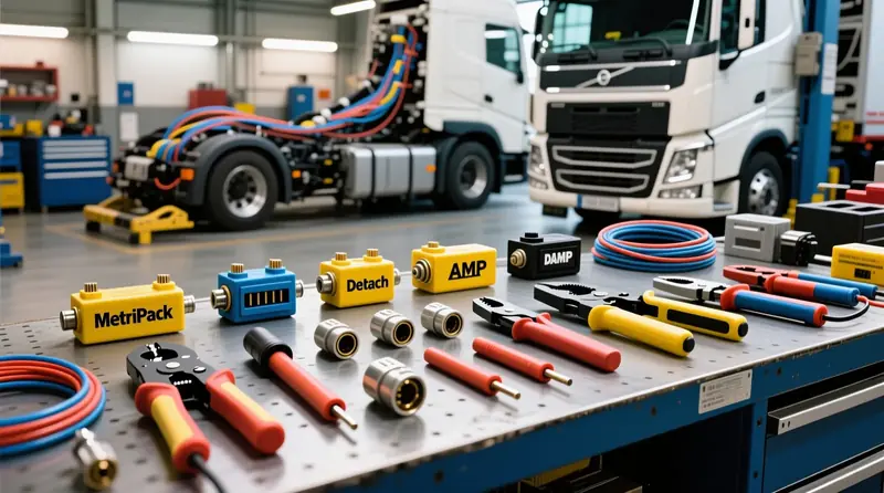 Automobilinių elektros jungčių tipai ir kimbavimo įrankiai profesionaliame Volvo sunkvežimio servise