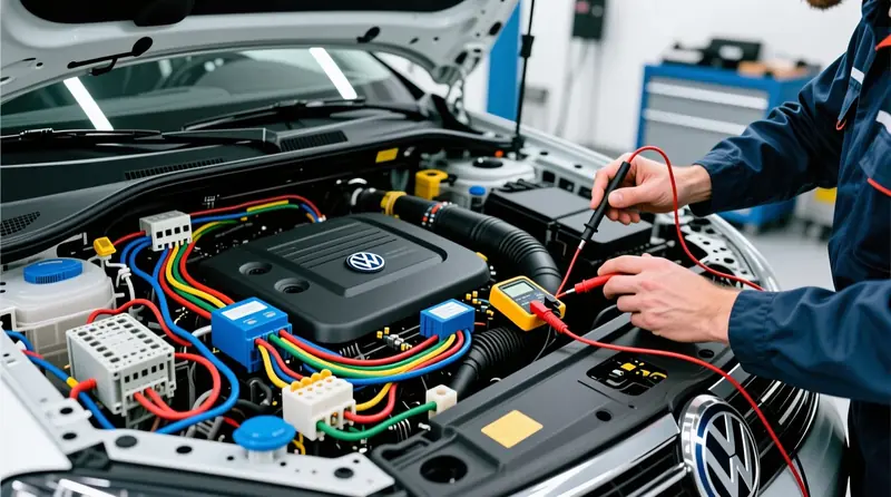 Automobilių elektros sistemos planavimas ir laidų komplektų montavimas Volkswagen variklio skyriuje su relėmis ir saugikliais