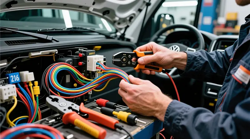 Profesionalus daugiavielių automobilių laidų montavimas europiniame komerciniame transporto priemonėje su AWG įrankiais