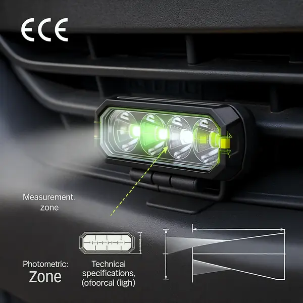 Automobilių LED papildomų žibintų fotometrijos reikalavimai ir ECE reglamentų atitiktis su šviesos paskirstymo schemomis