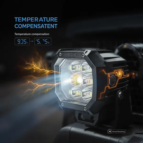 Automobilių LED žibintų temperatūros kompensacijos sistema su terminiu atsiliepimu ir NTC termistorių integracija