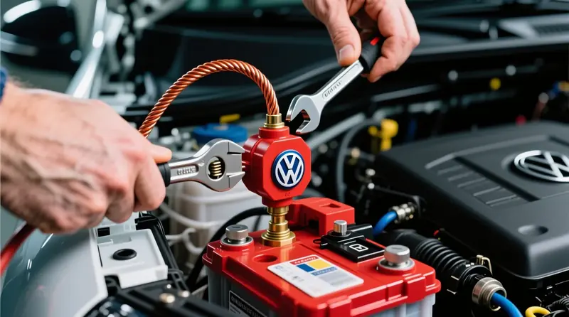 Baterijos atjungimo jungiklio (kill switch) montavimas Volkswagen automobilyje su tinkamu laidų storiu ir saugiais elektros jungtimis