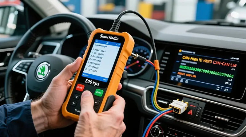 CAN-bus ID adresų identifikavimas Škoda Kodiaq diagnostikos įrankiu su baudrate parametrais