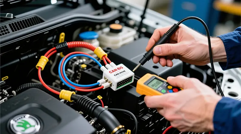 CAN magistralės imobilizatoriaus bypass modulio profesionalus montavimas Škoda Octavia automobilyje su tinkamu laidų valdymu ir OEM integracija