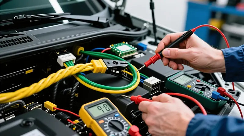 CAN-bus laidų sistema Škoda Kodiaq automobilyje su diagnostikos įranga matuojančia CAN-High ir CAN-Low linijų varžą ir ECU ryšį