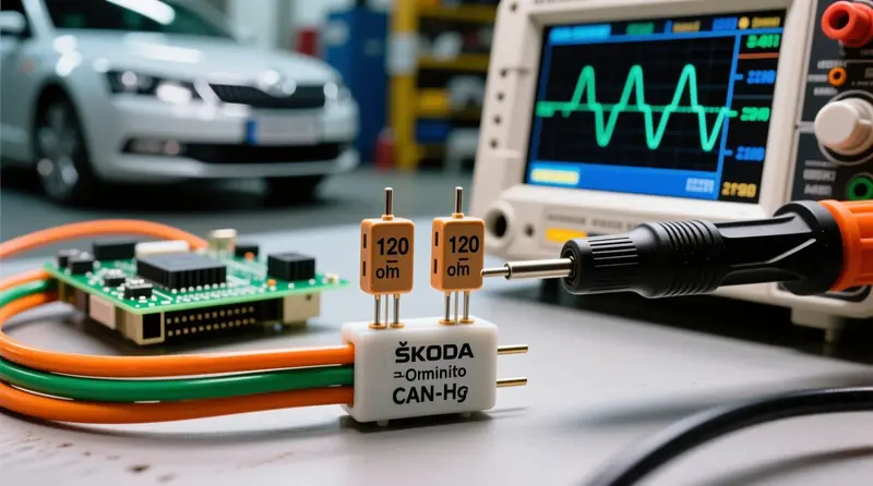 CAN-bus tinklo terminacijos rezistorių ir signalų kokybės matavimas oscilografu Škoda automobilyje