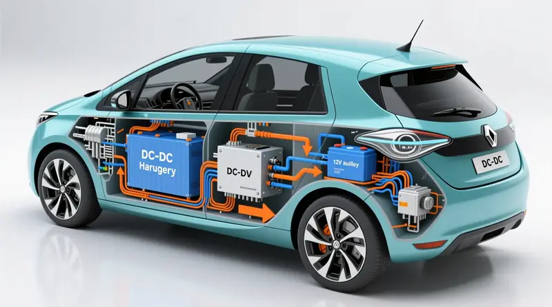 DC-DC keitiklio veikimo schema Renault Zoe elektromobilyje su energijos srautų rodyklėmis