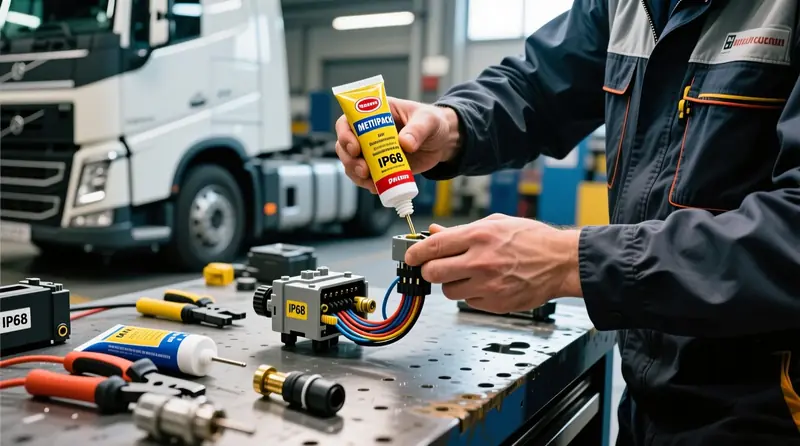 Dielektrinio tepalo taikymas automobilių elektros jungtyse – profesionalus montavimas Volvo sunkvežimyje su IP68 vandeniui atspariomis jungtimis