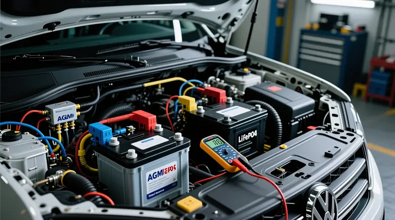 Dual battery sistema su AGM ir LiFePO4 akumuliatoriais Volkswagen Amarok automobilyje - akumuliatorių diagnostikos įranga ir maitinimo valdymo komponentai
