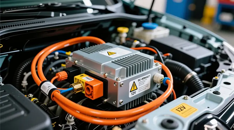 DC-DC keitiklio komponentas elektromobilio variklio skyriuje su aukštos įtampos jungtimis ir 12V išėjimu