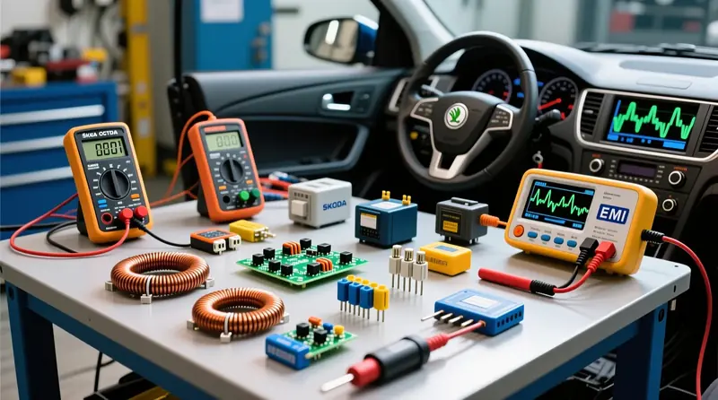 EMI filtravimo komponentai, saugikliai ir relės Škoda elektros sistemų diagnostikai ir apsaugai