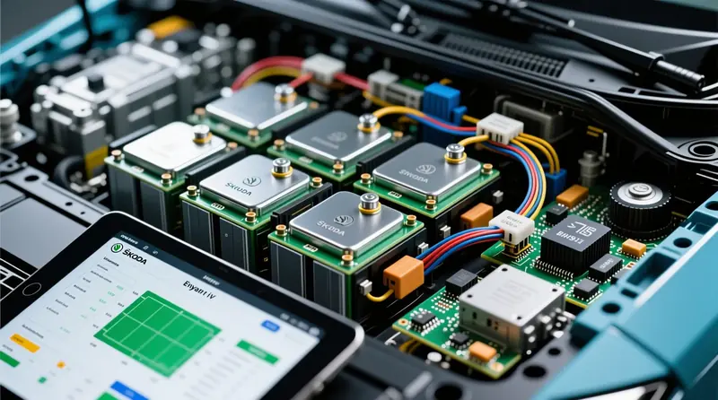Elektromobilio Škoda Enyaq baterijos moduliai su celių balansavimo sistema ir BMS diagnostikos duomenimis