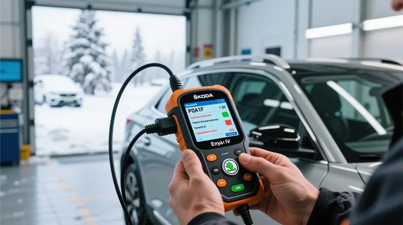 OBD diagnostikos skeneris tikrina Škoda Enyaq iV elektromobilio baterijų temperatūros sistemos gedimo kodus žiemos sąlygomis