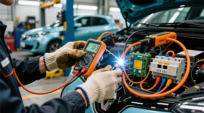 Sertifikuotas specialistas tikrina HV kontaktoriaus atidarymo ir uždarymo signalus Renault Zoe elektromobilyje su saugos įranga