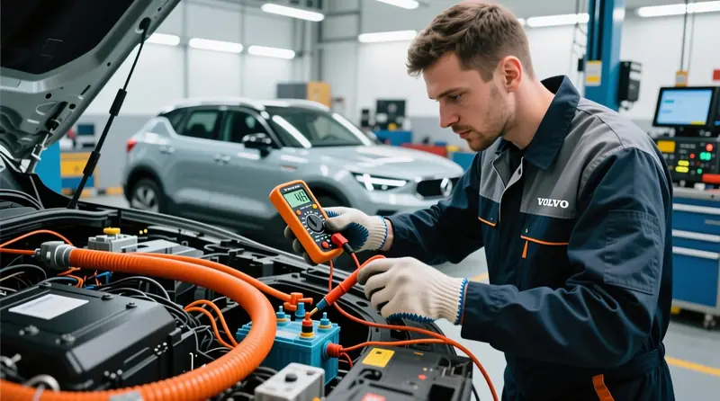 Technikas matuoja nuotėkio sroves elektromobilio aukštos įtampos kabeliuose naudodamas diagnostikos įrangą serviso centre