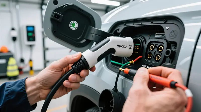 EVSE komunikacijos klaidų diagnostika ir Type 2 jungties kontaktų tikrinimas Škoda Enyaq elektromobilyje
