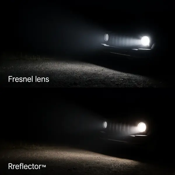 Fresnel lęšių ir tradicinių reflektorių LED žibintų šviesos pluošto palyginimas automobilių aplikacijose