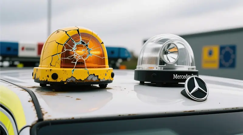 Nusidėvėjusio ir naujo halogeninio švyturėlio palyginimas ant Mercedes-Benz technikos