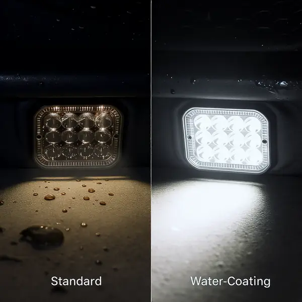 Hidrofobinio dangos LED žibinto palyginimas su standartiniu - savaiminio valymo efektyvumas automobilyje