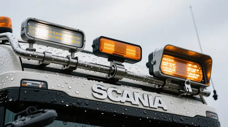 Horizontalių įspėjamųjų LED žibintų montavimo sistemų palyginimas ant Scania sunkvežimio stogo