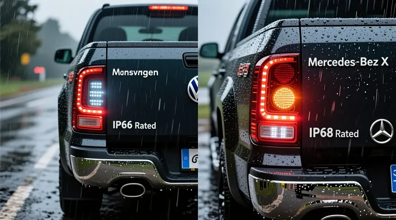 IP66 ir IP68 apsaugos klasių galinių LED žibintų palyginimas ant priekabos