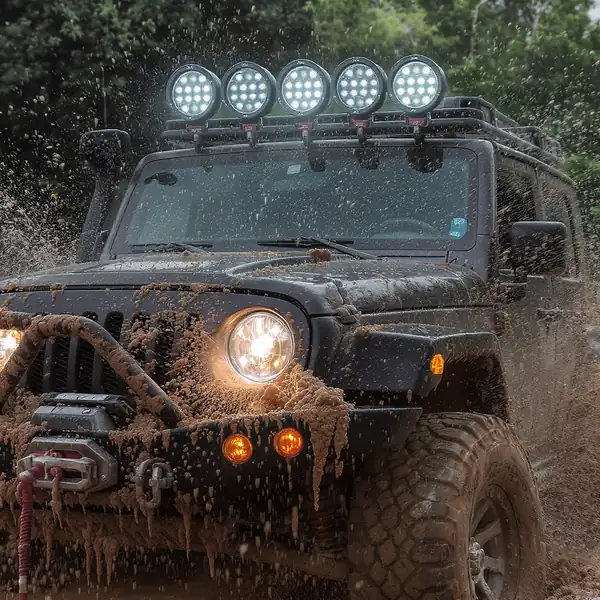 IP68 LED žibintai veikia off-road automobilyje per vandentiekio ir purvo sąlygas