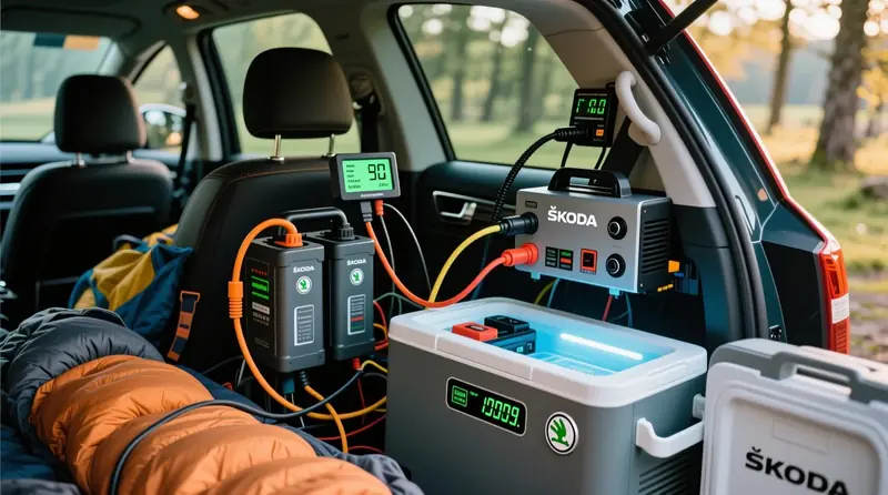 Kempingo šaldytuvas prijungtas prie papildomos dual battery sistemos europiniame off-road automobilyje su energijos suvartojimo monitoriumi