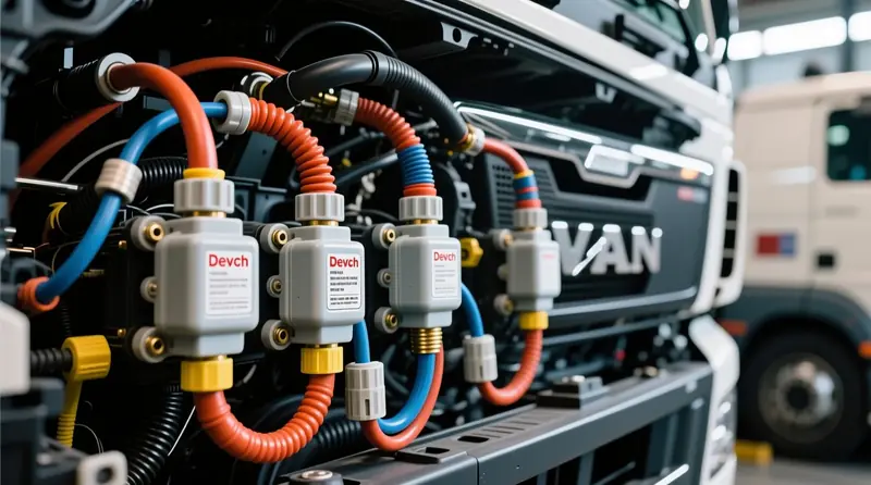 Profesionaliai sumontuotos ir sandarios Deutsch jungtys komercinėje transporto priemonėje su IP68 apsauga ir temperatūros atsparumu variklio skyriuje
