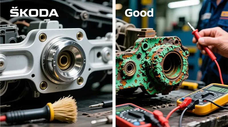 Korozijos poveikis masės taškams Škoda automobilyje - palyginimas tarp tinkamai prižiūrimo ir koroduoto įžeminimo kontakto
