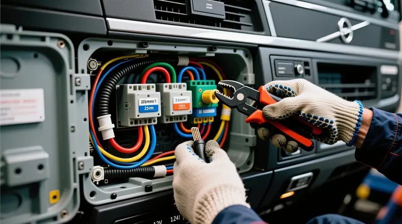 Skirtingo storio laidų montavimas 24V sunkvežimio elektros sistemoje su tinkamais jungtimis