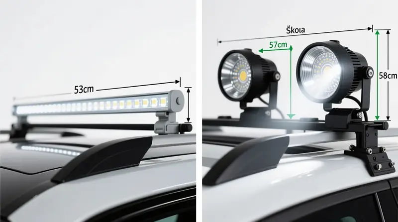 LED BAR žibinto ir apvalių žibintų montavimo palyginimas ant Škoda Kodiaq stoginės bagažinės