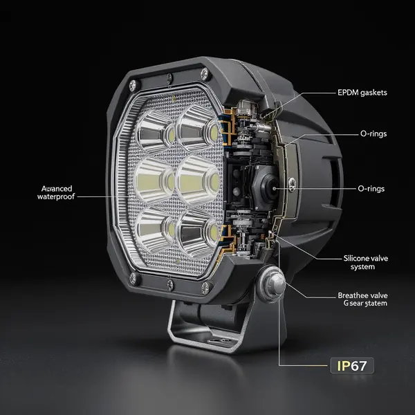 LED darbo žibintų sandarinimas - IP67/IP68 apsaugos technologijos