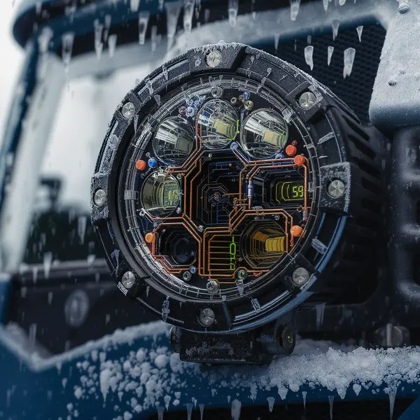 LED darbo žibintų temperatūros kompensacijos sistema su šilumos nuvedimo elementais automobiliuose