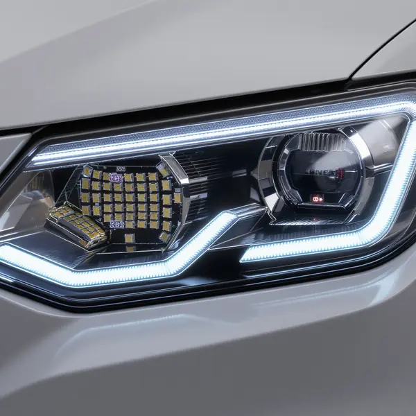 LED masyvų technologija su individualiais valdymo elementais automobilių žibintų sistemose, rodanti pažangų LED valdymą