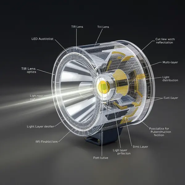 LED optikos sistemos vidaus struktūra su TIR lęšiais ir daugiasluoksniais reflektoriais