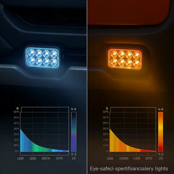 LED pagalbinio apšvietimo spektrų palyginimas - saugi vs nesaugi spalvų temperatūra automobiliams
