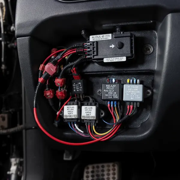 LED papildomų žibintų relių valdymo sistema su išmaniais laidų pynėmis automobilių elektros sistemoje