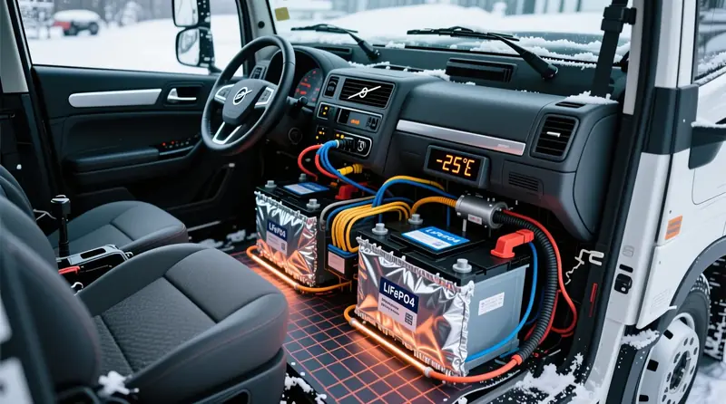 LiFePO4 papildomo akumuliatoriaus šildymo sistema su izoliacija Volvo FH sunkvežimyje žiemos sąlygoms kempingui ir off-road