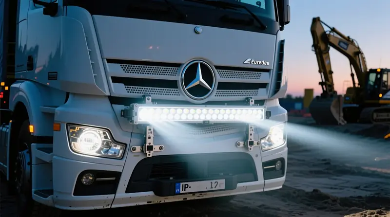Mercedes-Benz Actros su galingais LED darbo žibintais statybų aikštelėje - praktinis apšvietimo testas