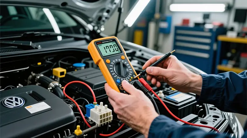 Skaitmeninio multimetro naudojimas parazitiniam srovės nutekėjimui matuoti Volkswagen automobilyje prie akumuliatoriaus