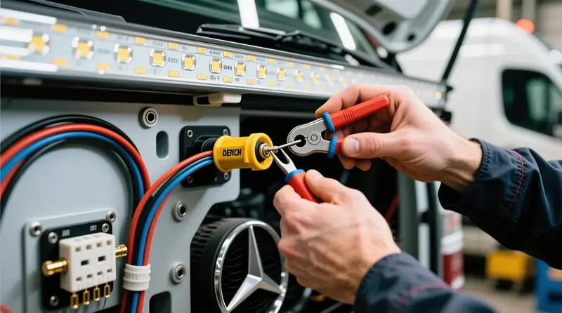 Profesionalus LED BAR laidų komplekto montavimas su DT jungtimis ant komercinio automobilio