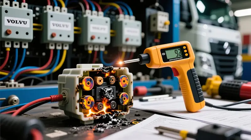 Relės kontaktų nudegimas ir šiluminis pažeidimas Volvo sunkvežimio elektros sistemoje su termometru